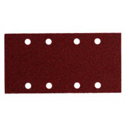 Un papier de verre rectangulaire rouge avec six trous répartis uniformément en deux rangées.