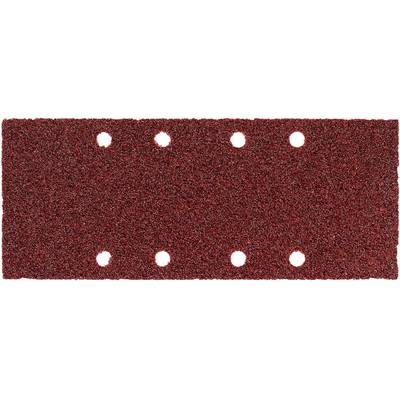 Papier de verre rouge avec six trous ronds disposés en deux rangées. Forme plate rectangulaire, adapté aux ponceuses électriques.