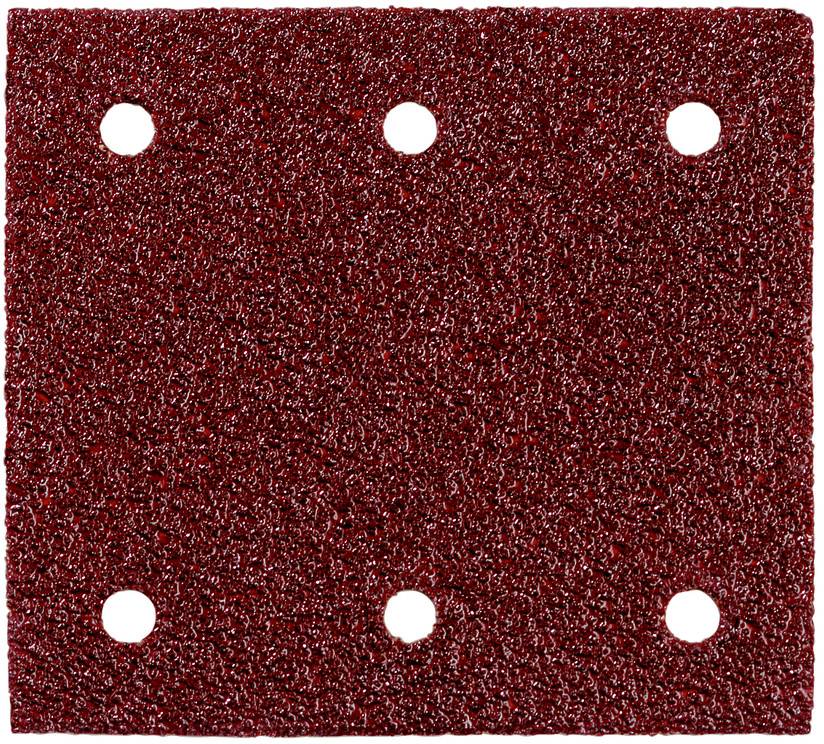 Feuille de ponçage abrasive rouge avec six trous de perforation régulièrement espacés, vue à plat sur un fond blanc.