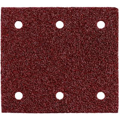 Feuille de ponçage abrasive rouge avec six trous de perforation régulièrement espacés, vue à plat sur un fond blanc.