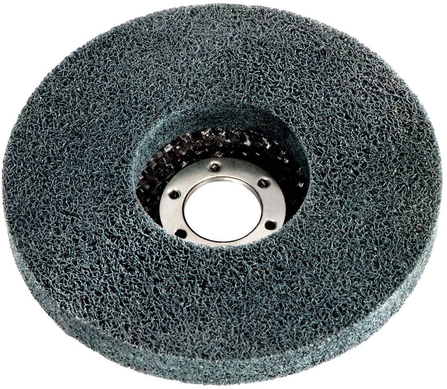 Meule abrasive circulaire avec un moyeu de montage en métal central, présentée sur un fond blanc.
