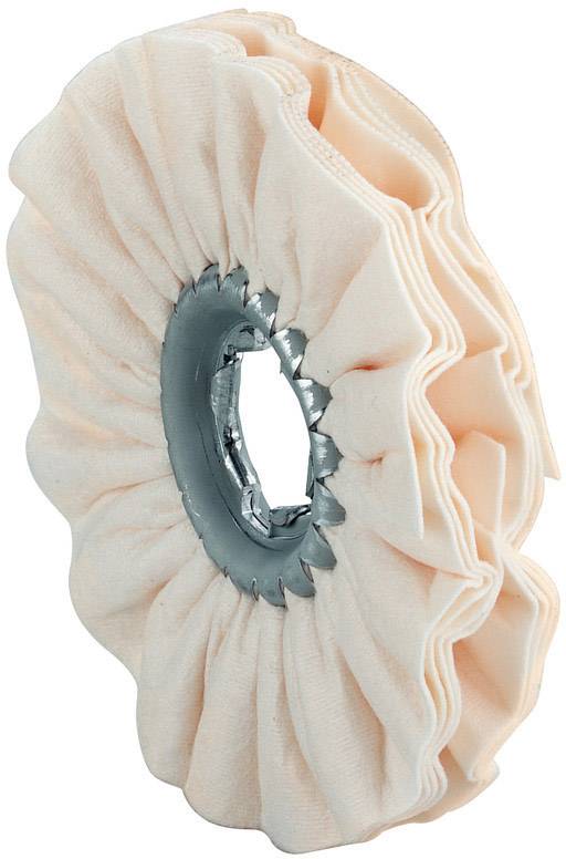 Un éponge abrasive rose en forme de disque, aux bords plissés, utilisée pour le polissage des surfaces.