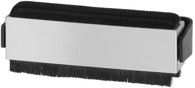 Brosse rectangulaire pour disques vinyles avec manche noir et poils, utilisée pour le nettoyage des disques.