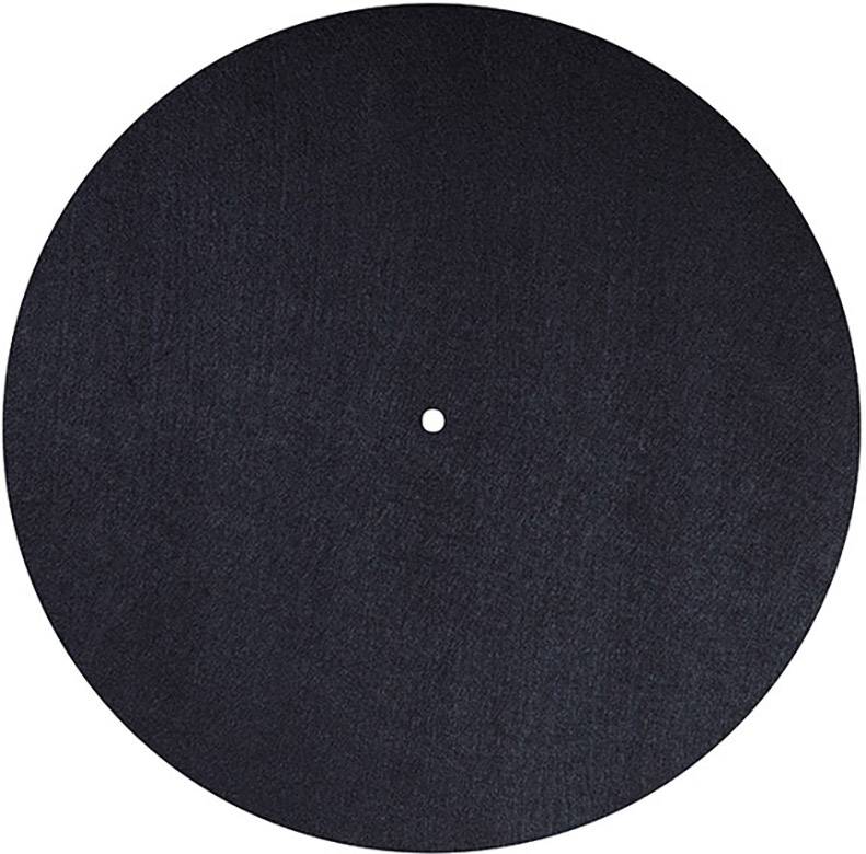 Tapis noir, rond et plat pour platine vinyle, avec un trou central, utilisé pour protéger les disques vinyles et améliorer la qualité sonore.