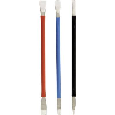 Trois spatules en plastique avec des pointes métalliques en rouge, bleu et noir, debout. Elles sont souvent utilisées pour la modélisation et l'électrotechnique.