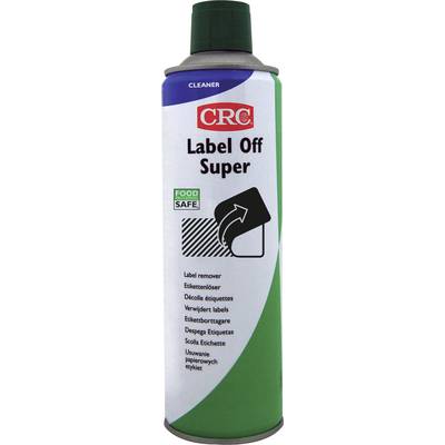 Bombe aérosol 'CRC Label Off Super'. Contient un dissolvant d'étiquettes. L'étiquette montre une flèche pointant vers un motif d'étiquette. Adapté au contact alimentaire.