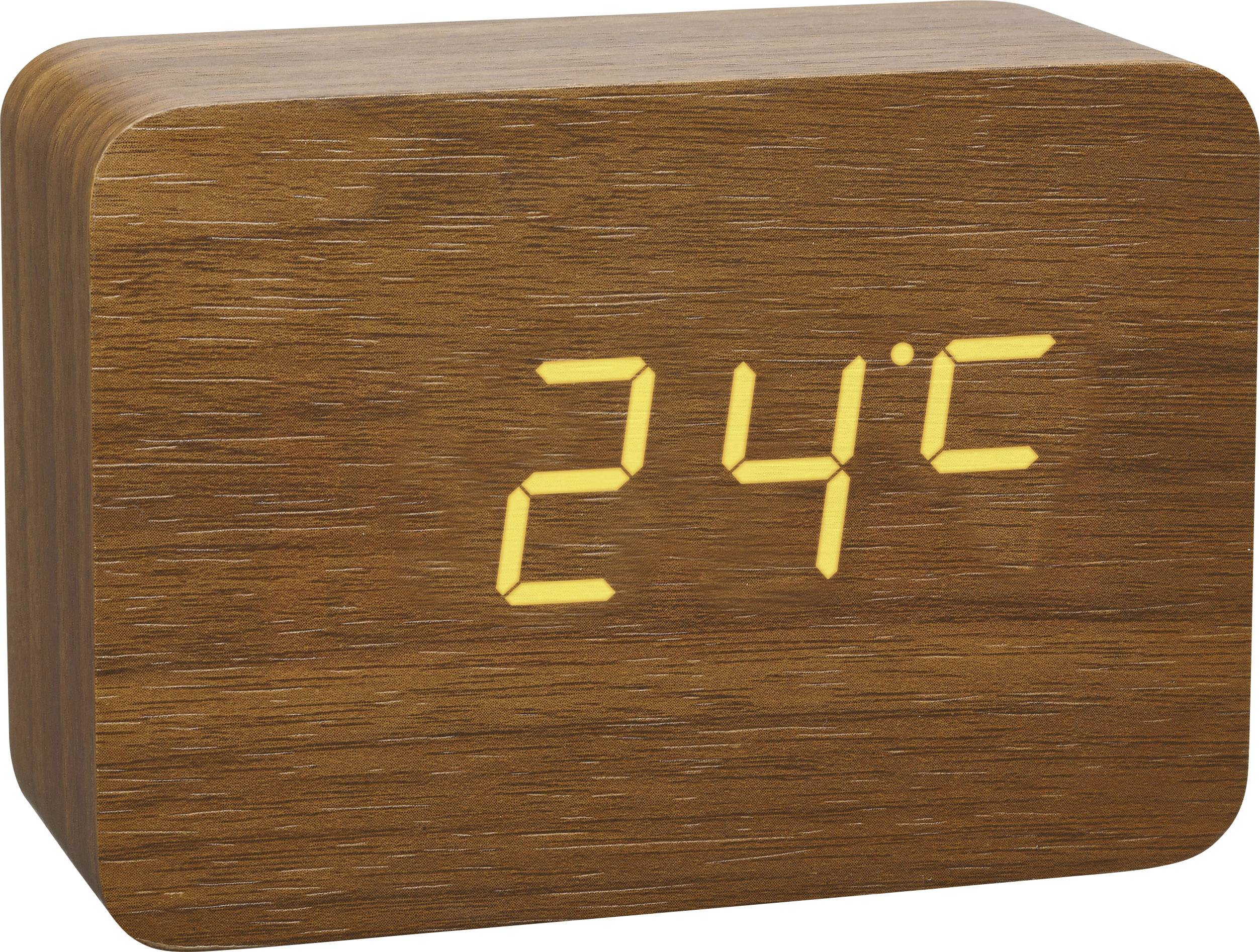 Horloge numérique en bois avec affichage jaune indiquant '24°C'.