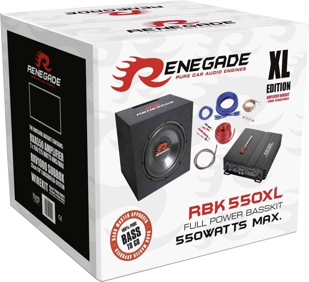 Ensemble d'enceintes Renegade avec caisson de basses, amplificateur et câbles. Puissance maximale : 550 watts. Noir avec détails rouges.