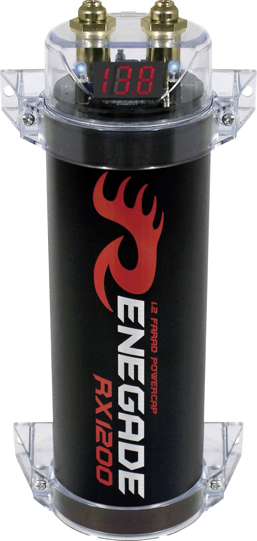 Condensateur électronique Renegade RX1200 avec affichage numérique en haut. Affiche la tension sur un écran LED rouge. Principalement destiné aux systèmes audio automobiles.