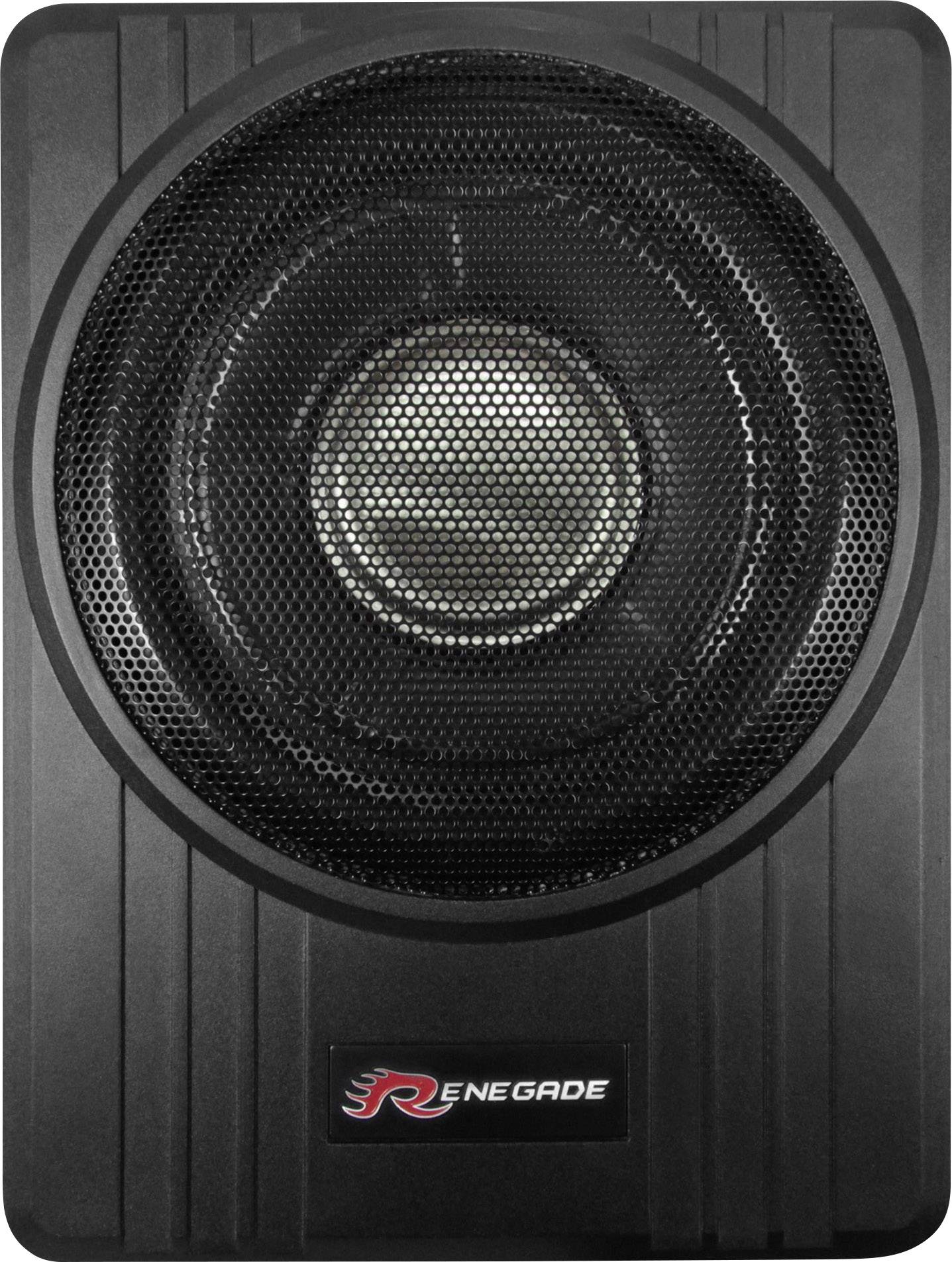 Haut-parleur noir avec grille métallique sur un boîtier rectangulaire. En dessous, un logo portant l'inscription 'Renegade'.