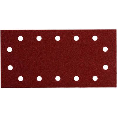 Papier de verre rouge de forme rectangulaire avec onze trous symétriquement disposés.