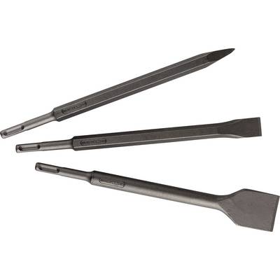 Trois outils à main en forme de burin en acier avec des tiges hexagonales et des extrémités plates de frappe, présentés sur un fond blanc.