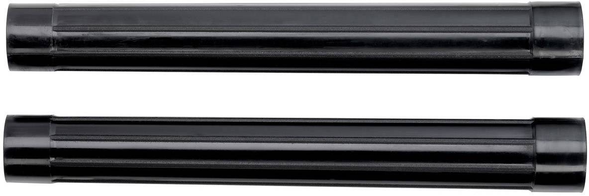 Deux tubes cylindriques en plastique noir côte à côte sur un fond blanc.