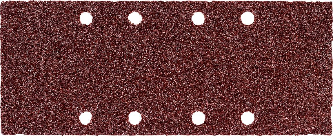 Un rectangle texturé rouge avec huit trous circulaires blancs, quatre le long du bord supérieur et quatre le long du bord inférieur.