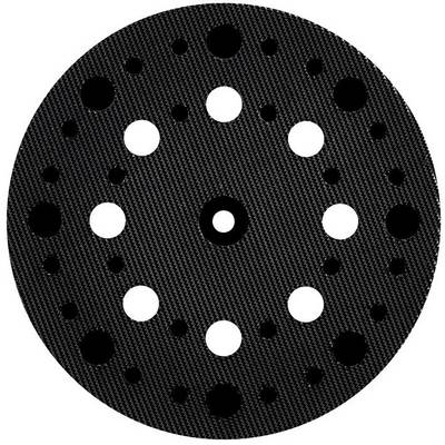 Disque abrasif noir rond avec plusieurs trous symétriques, destiné à être monté sur une machine à poncer. Il optimise l'aspiration de la poussière.