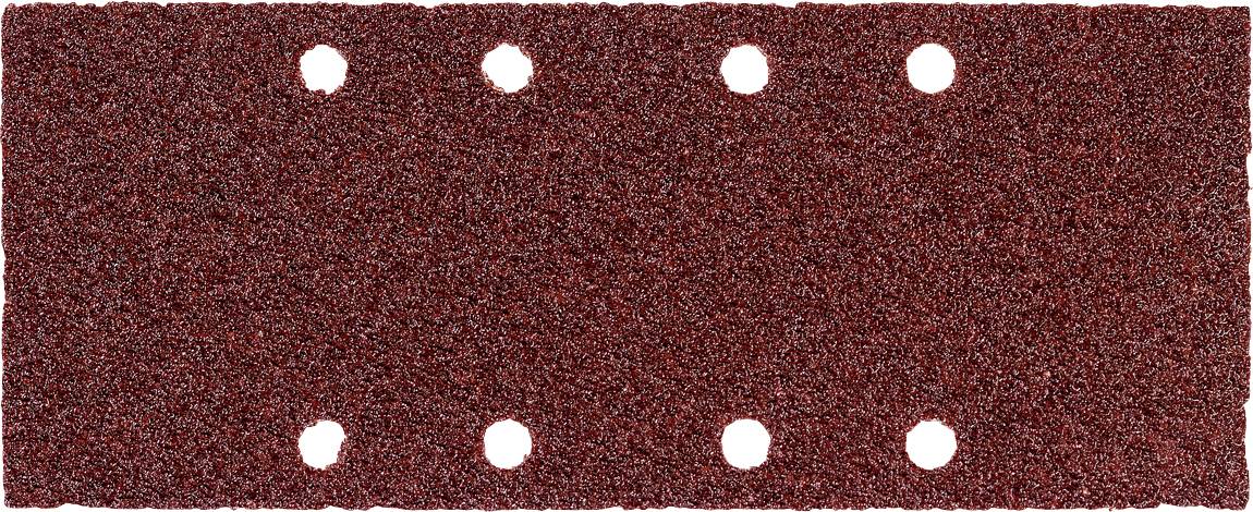 Panneau rectangulaire texturé rouge avec huit trous circulaires blancs régulièrement espacés, quatre le long du bord supérieur et quatre le long du bord inférieur.