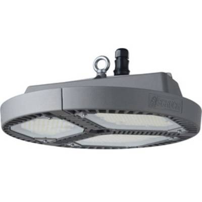 Plafonnier LED rond en gris, avec crochet et connexion de câble noir. Adapté aux environnements industriels ou commerciaux.