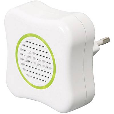 Un adaptateur électrique rectangulaire blanc avec des contacts cachés et un cercle vert autour des fentes de ventilation à l'avant.