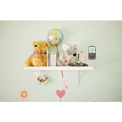 Une étagère dans la chambre d'enfant avec deux peluches, des livres et un ballon portant l'inscription 'baby'. En dessous, des stickers muraux représentant des fleurs et des oiseaux.