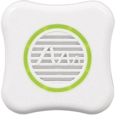 Un appareil carré blanc aux coins arrondis, avec un anneau vert et une grille de haut-parleur au centre.