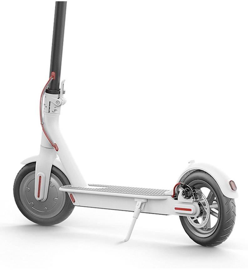 Trottinette électrique blanche avec guidon noir et touches de rouge, vue de côté.