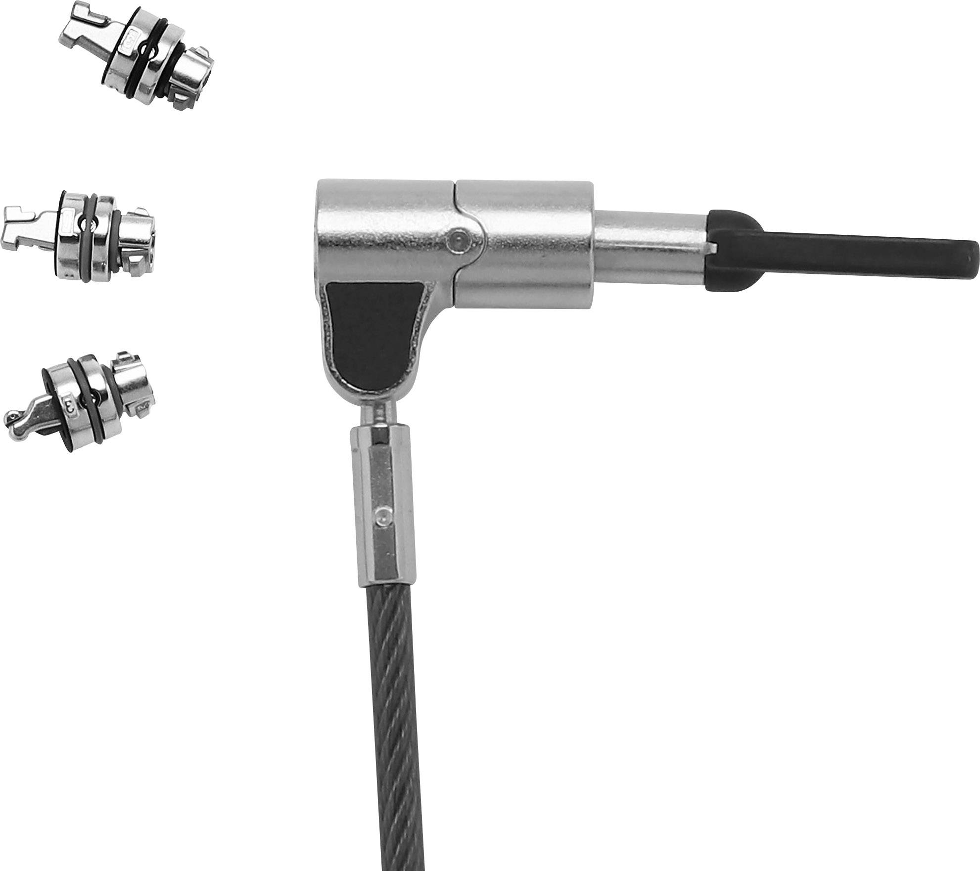 Adaptateur de serrure en métal avec câble noir et trois embouts métalliques amovibles sur le côté gauche, en différentes tailles.