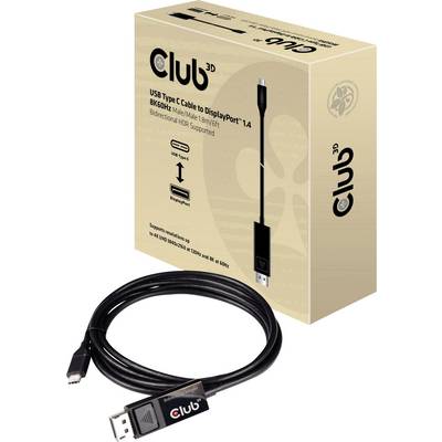 Câble USB Club 3D, Type-C vers DisplayPort, 1,8 m, 8K 60Hz, support HDR bidirectionnel. Emballage en arrière-plan.