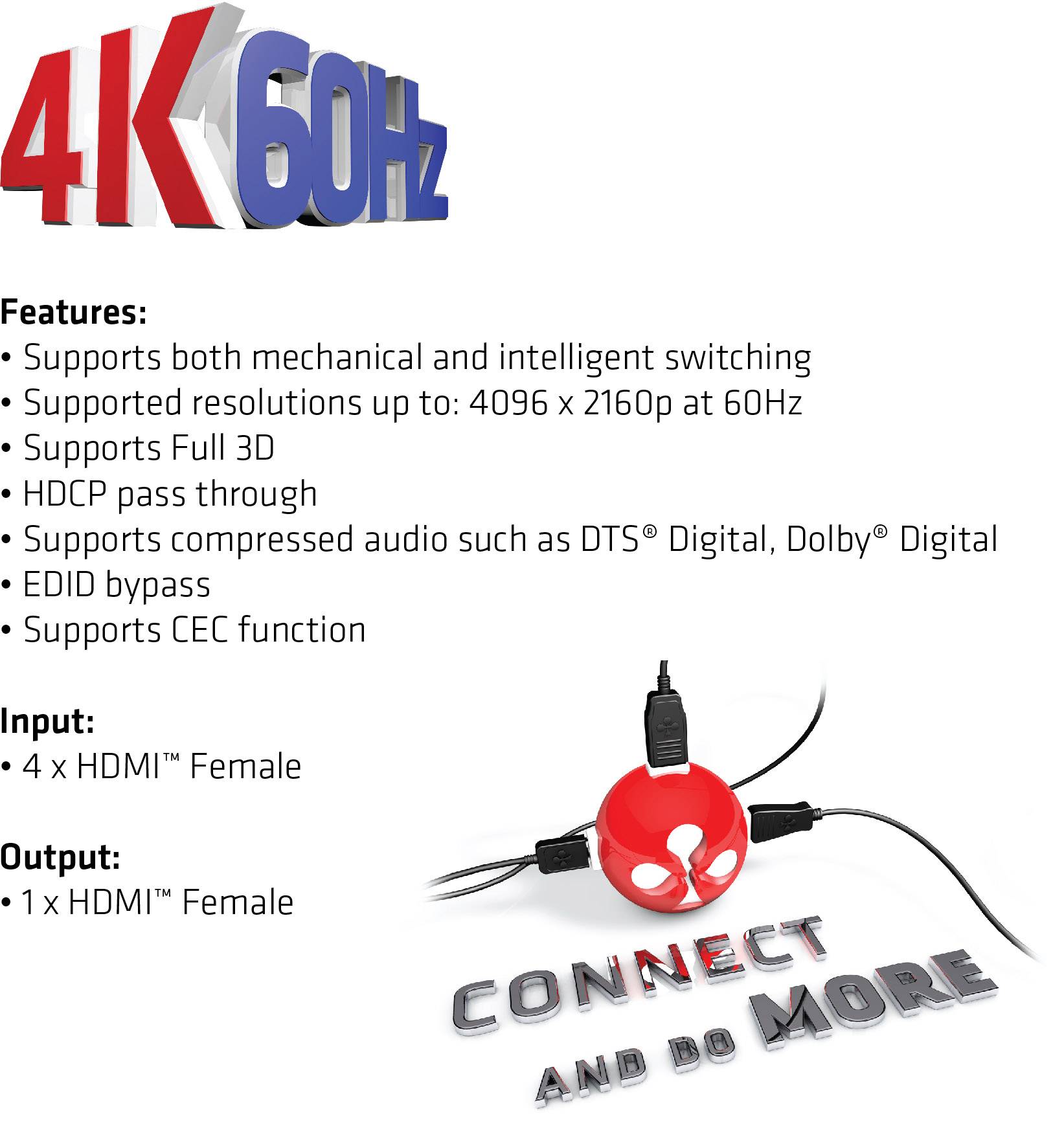 'Graphique montre les caractéristiques d'un commutateur HDMI : résolutions jusqu'à 4096 x 2160p à 60 Hz, Full 3D, HDCP, DTS, Dolby, contournement EDID, CEC, 4 entrées HDMI, 1 sortie HDMI.'