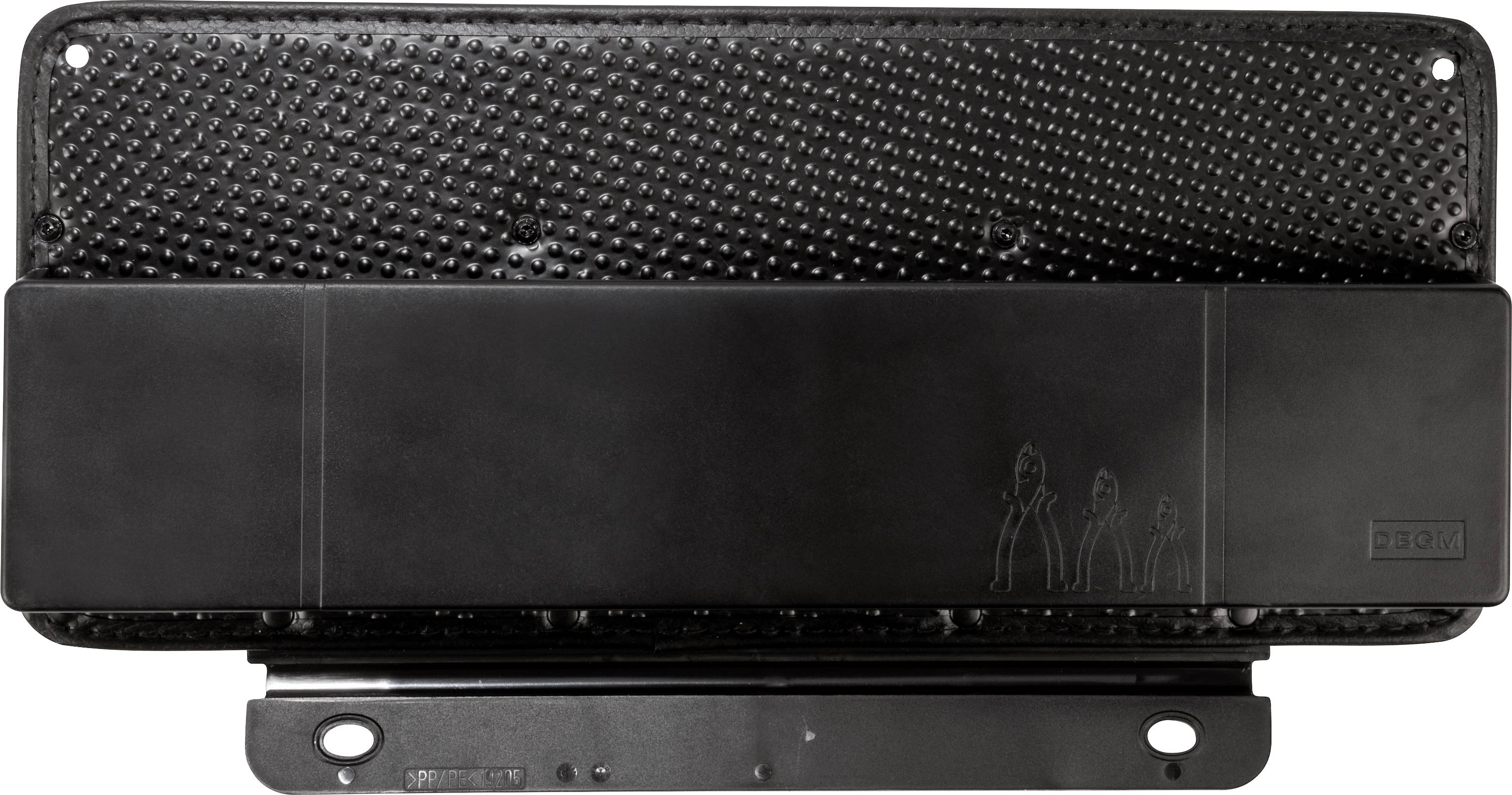 Corps métallique noir rectangulaire avec couvercle perforé et rail de montage. Des petites figures stylisées y sont représentées.