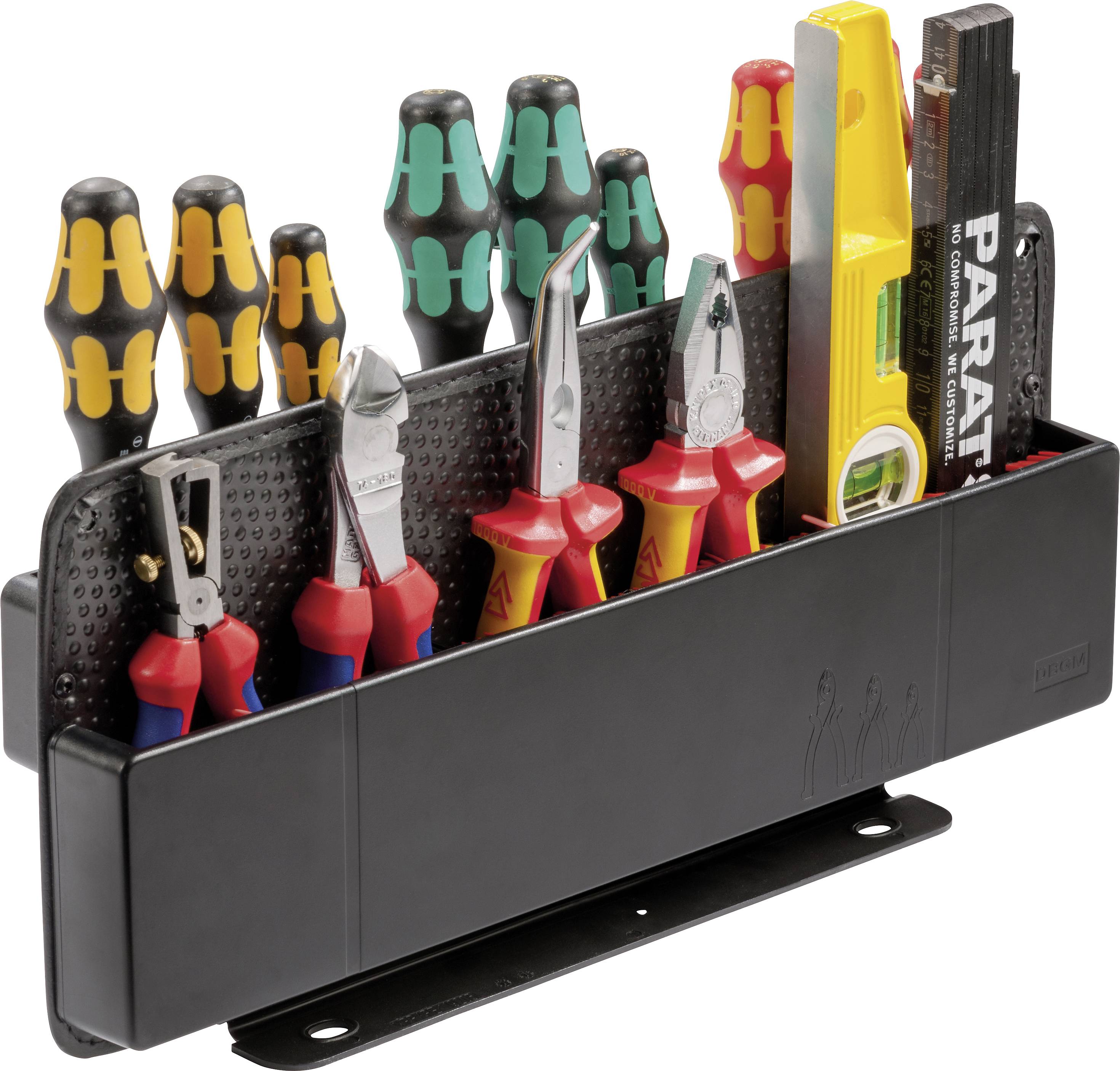 Support d'outils comprenant différents tournevis, pinces, niveau à bulle et règle. Parfait pour un rangement organisé.