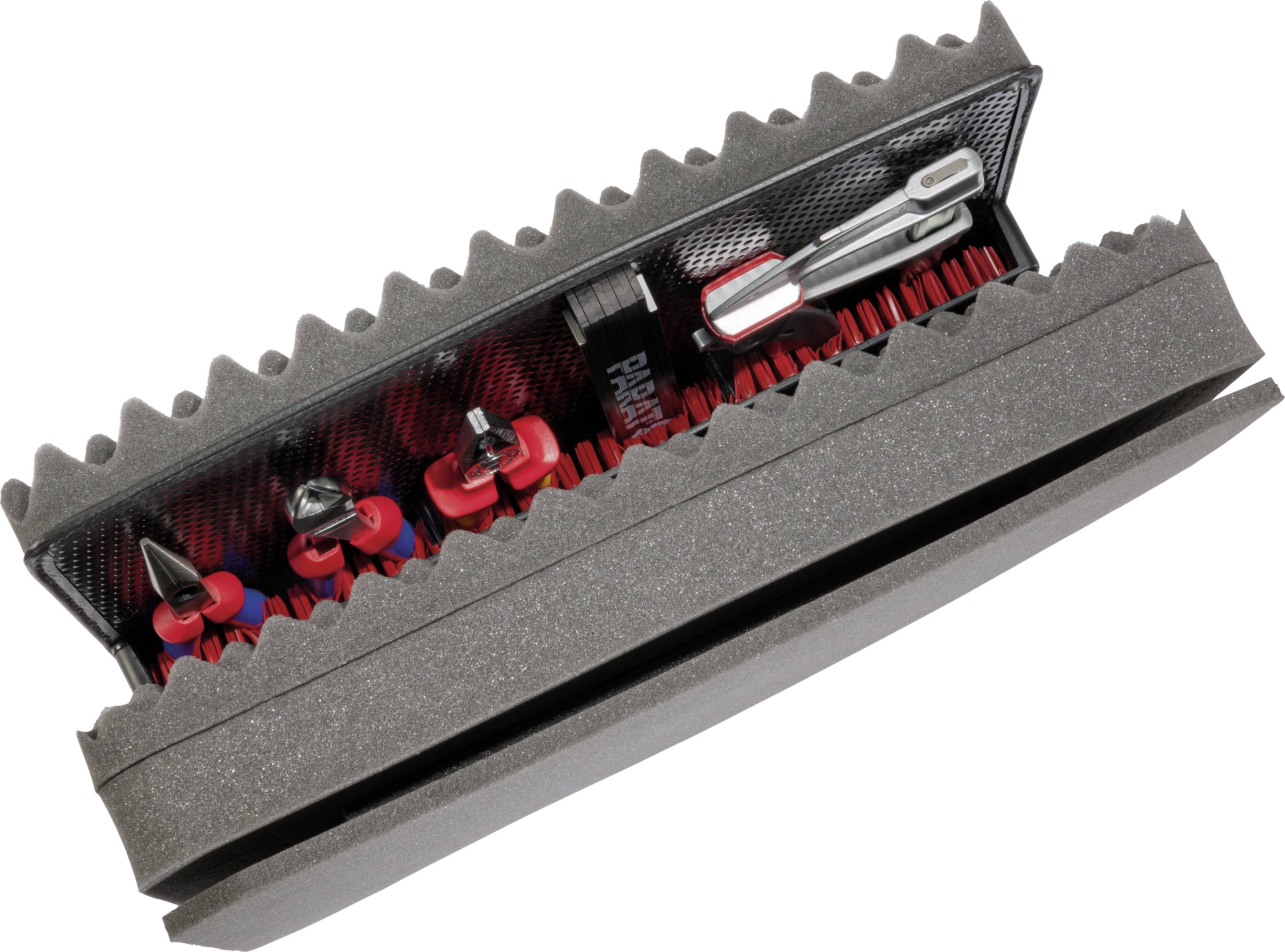 Boîte à outils ouverte contenant des outils rouges et argentés, disposés dans une mousse grise pour un rangement sécurisé.