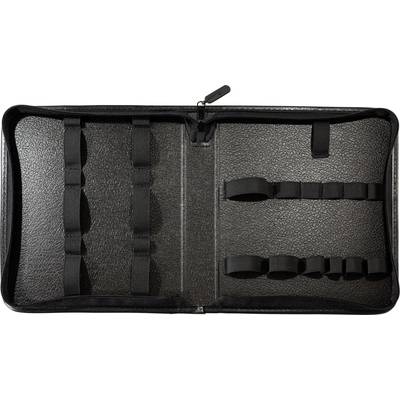 Un étui noir et vide avec des boucles élastiques pour ranger des outils ou des ustensiles, ouvert sur une surface plane.