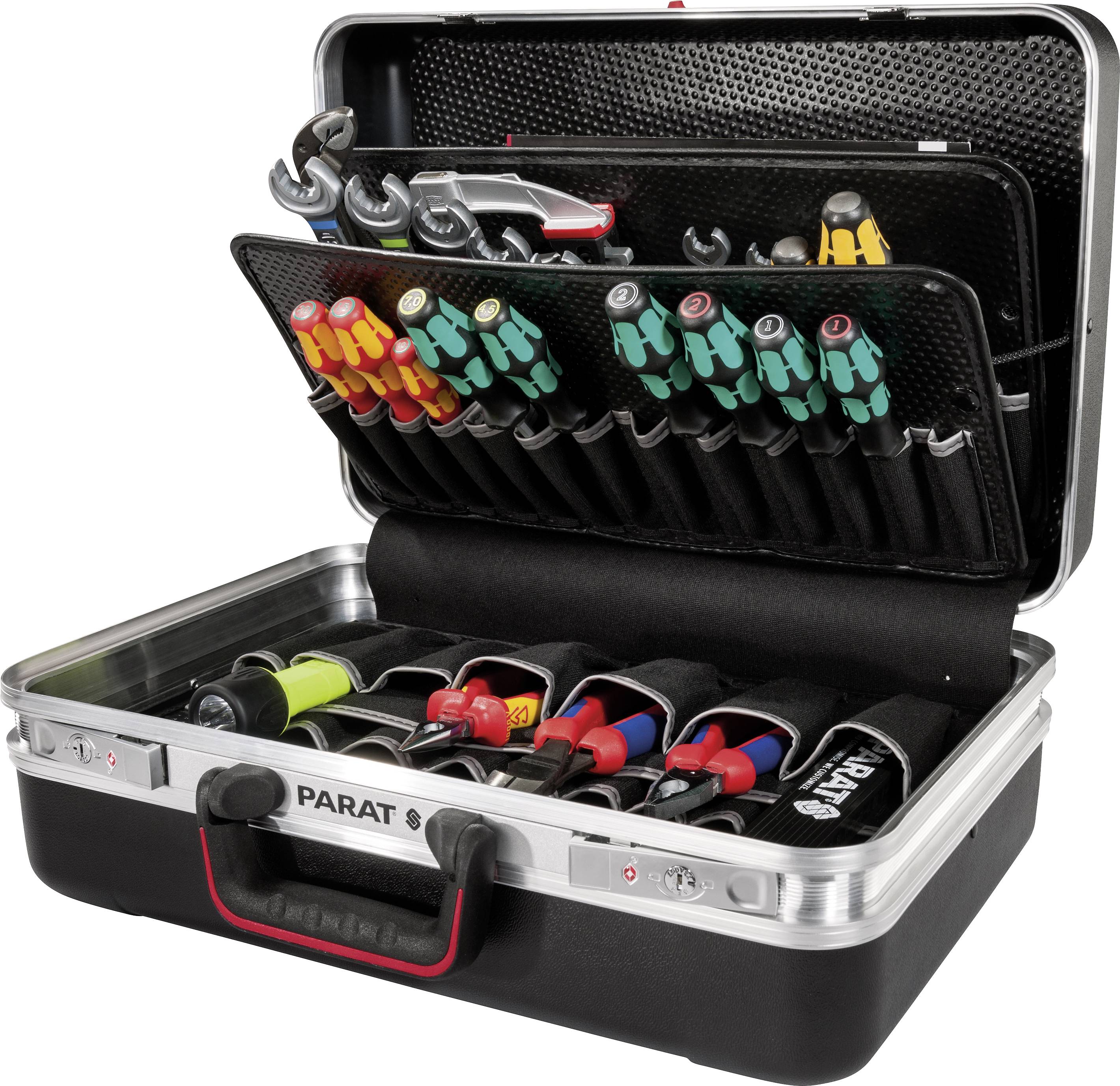 Une boîte à outils ouverte montre différents tournevis, pinces et clés à molette, soigneusement rangés dans des compartiments.