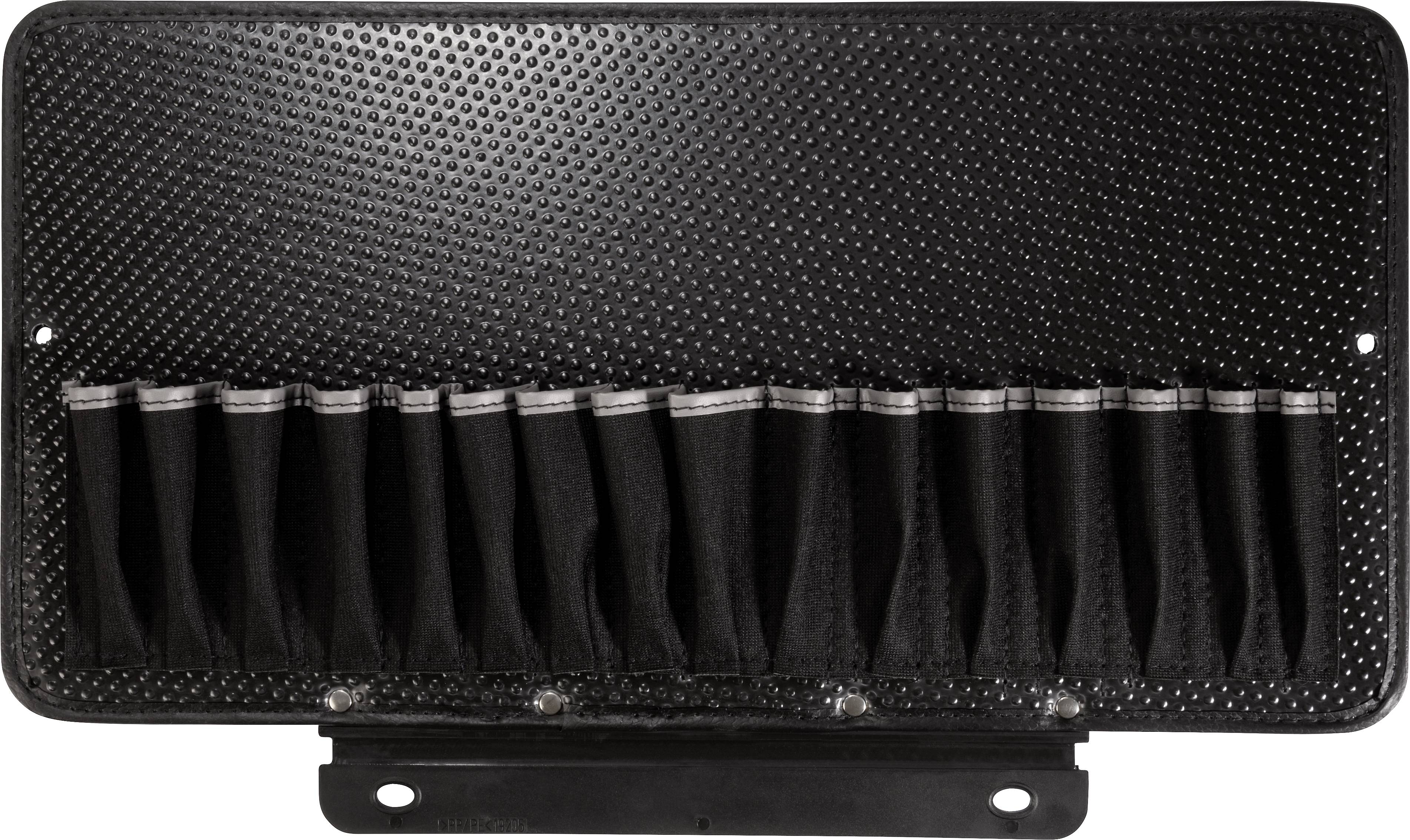 Boîte de rangement ou organisateur noir avec plusieurs compartiments égaux pour le stockage de petits objets, fixé à une surface.