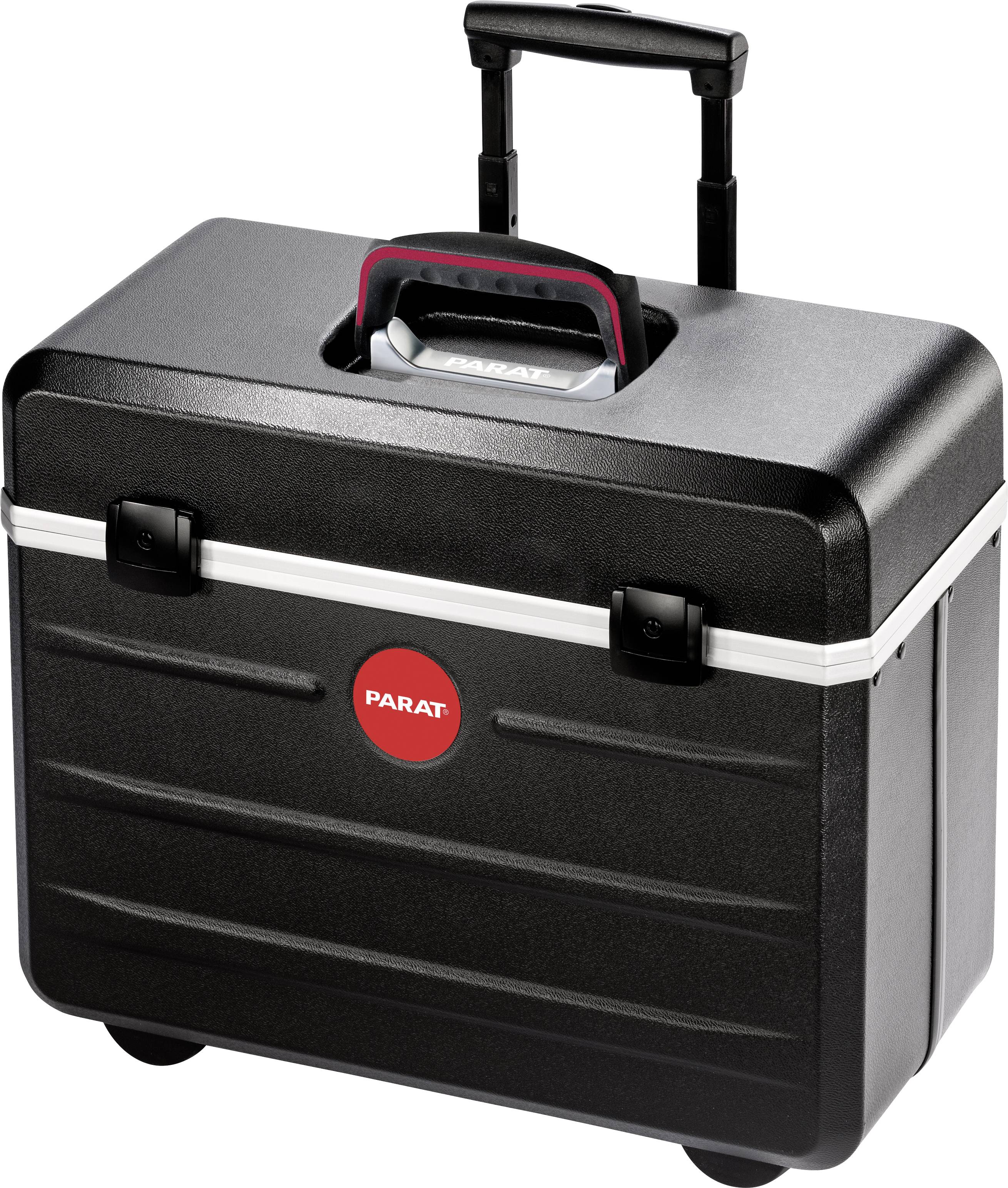 Un coffret à outils noir à roulettes avec une poignée télescopique et un logo rouge 'PARAT' au centre.