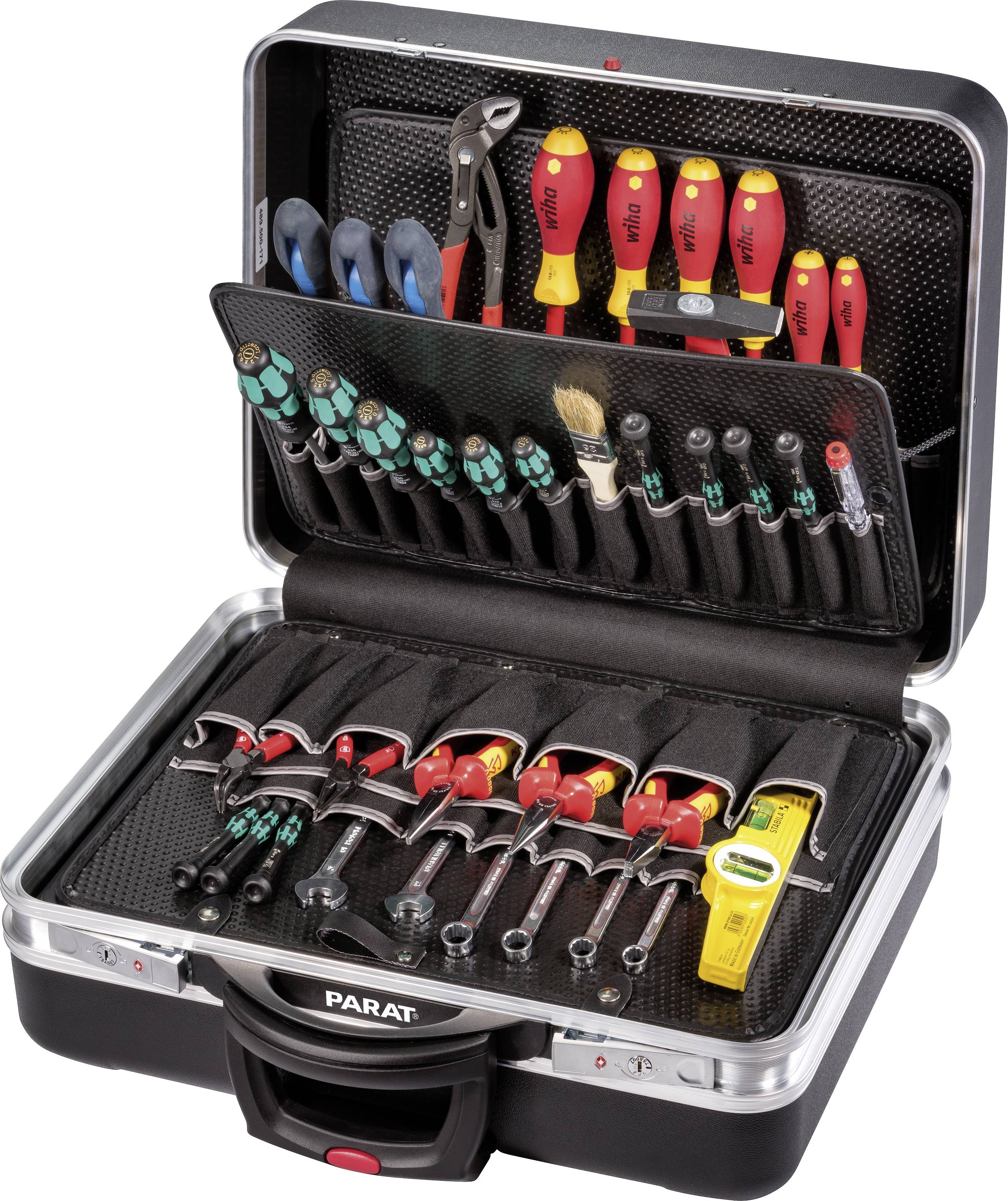 Boîte à outils contenant divers outils manuels, dont des tournevis, des clés à molette et des pinces, soigneusement rangés.