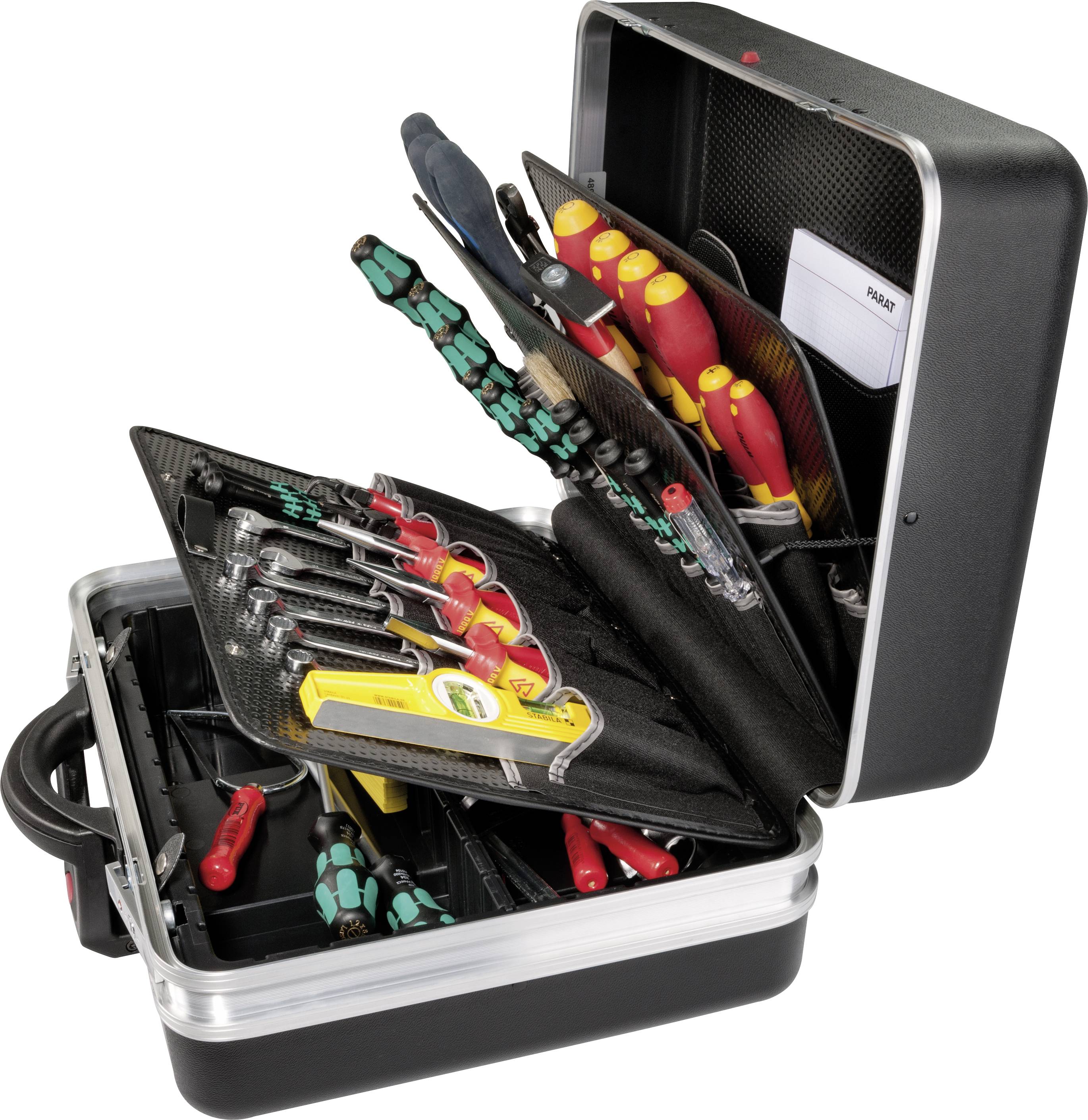 Une mallette à outils ouverte avec divers outils manuels tels que des tournevis et des pinces, soigneusement organisés dans des compartiments.