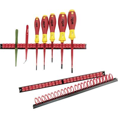 Coffret d'outils Wiha : Six tournevis de différentes tailles et une pince, tous fixés sur un support magnétique pour outils.