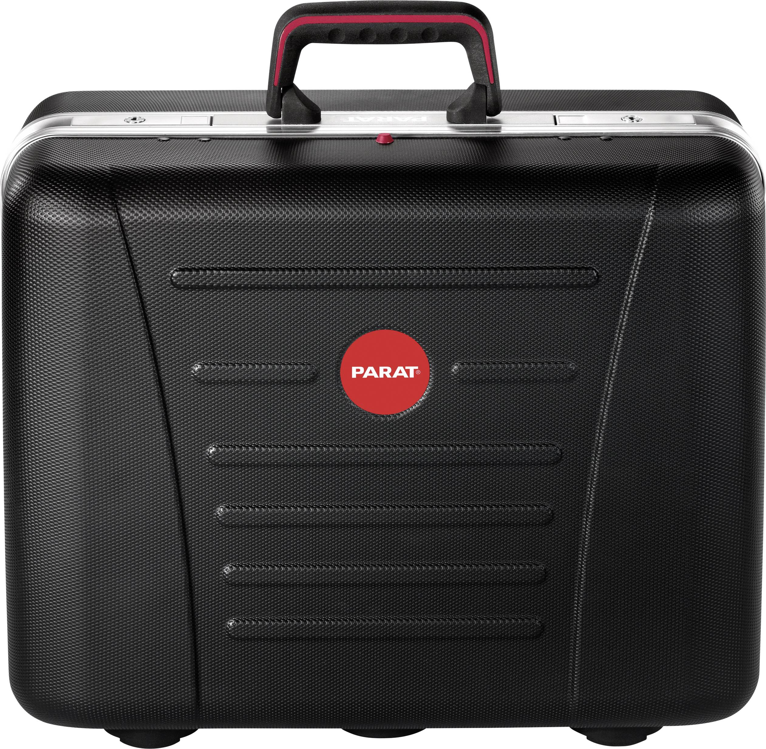 Une valise noire, robuste, avec un logo rouge 'PARAT' au centre et une poignée sur le dessus, idéale pour le transport sécurisé des outils.