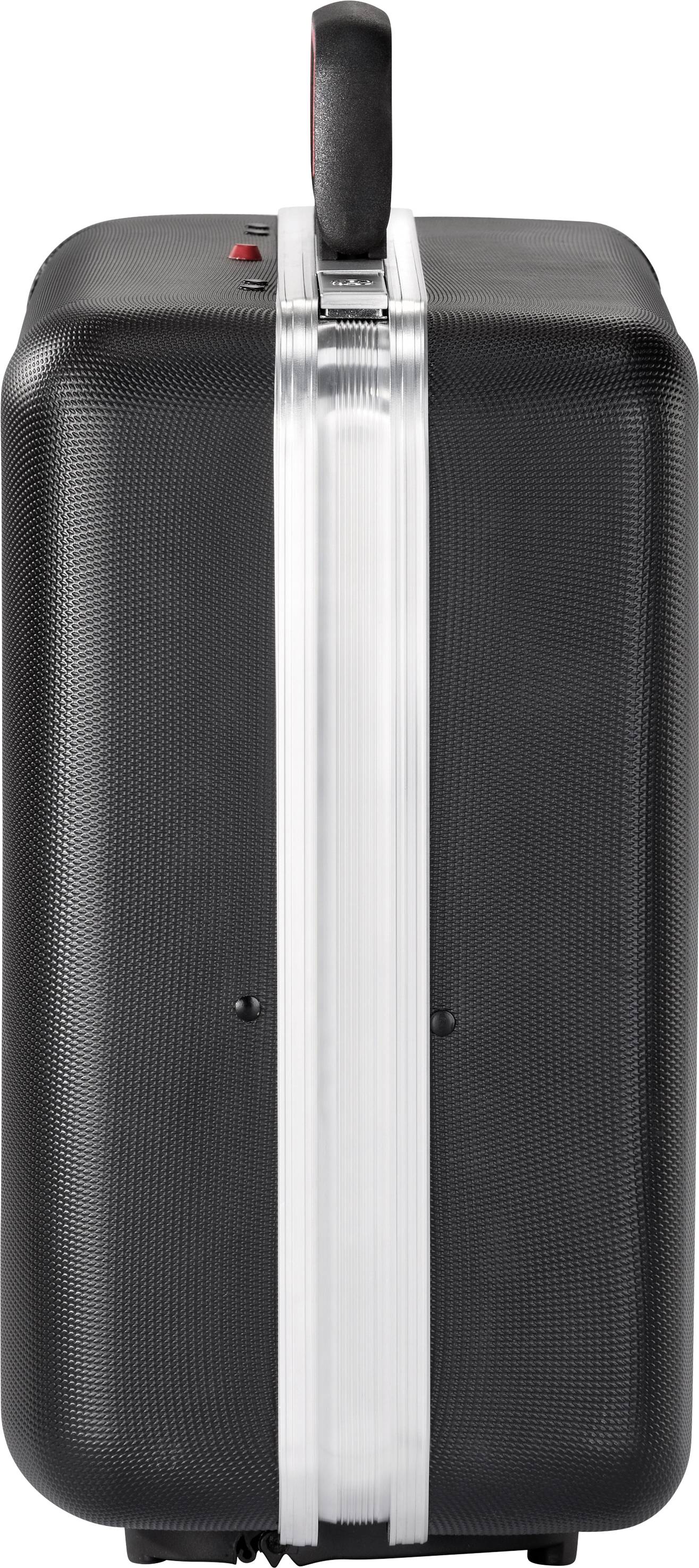 Une valise rigide noire, debout, avec une poignée en haut, vue de côté.