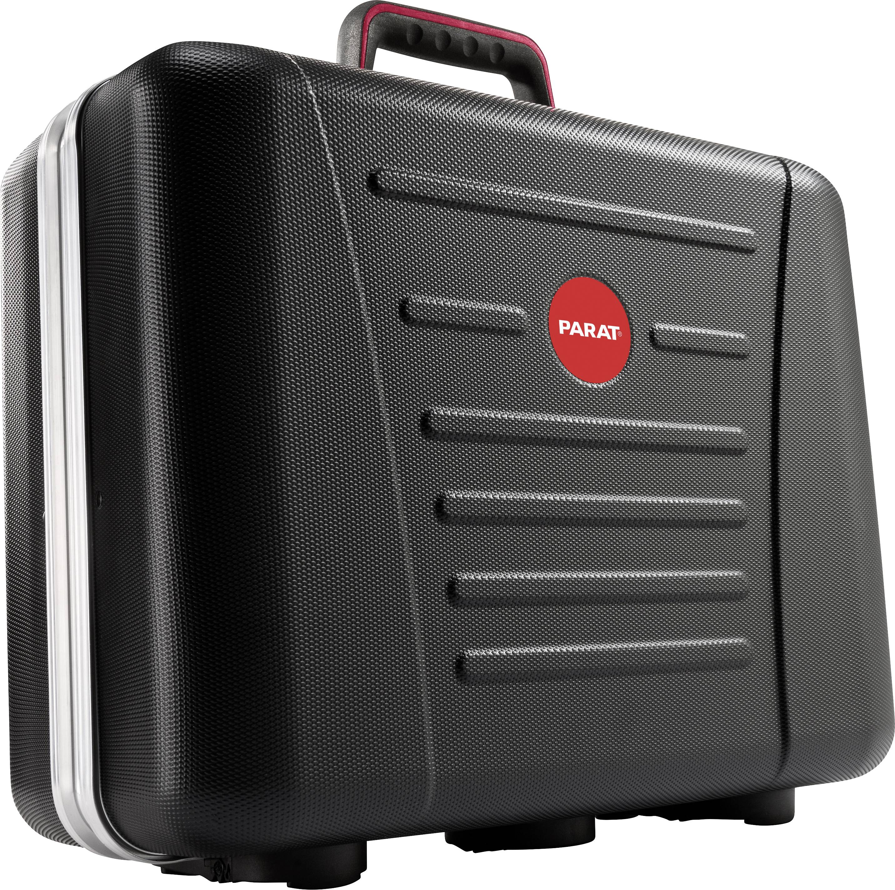 Une valise rigide noire avec un logo Parat rouge au centre. La valise a une surface texturée et une poignée.