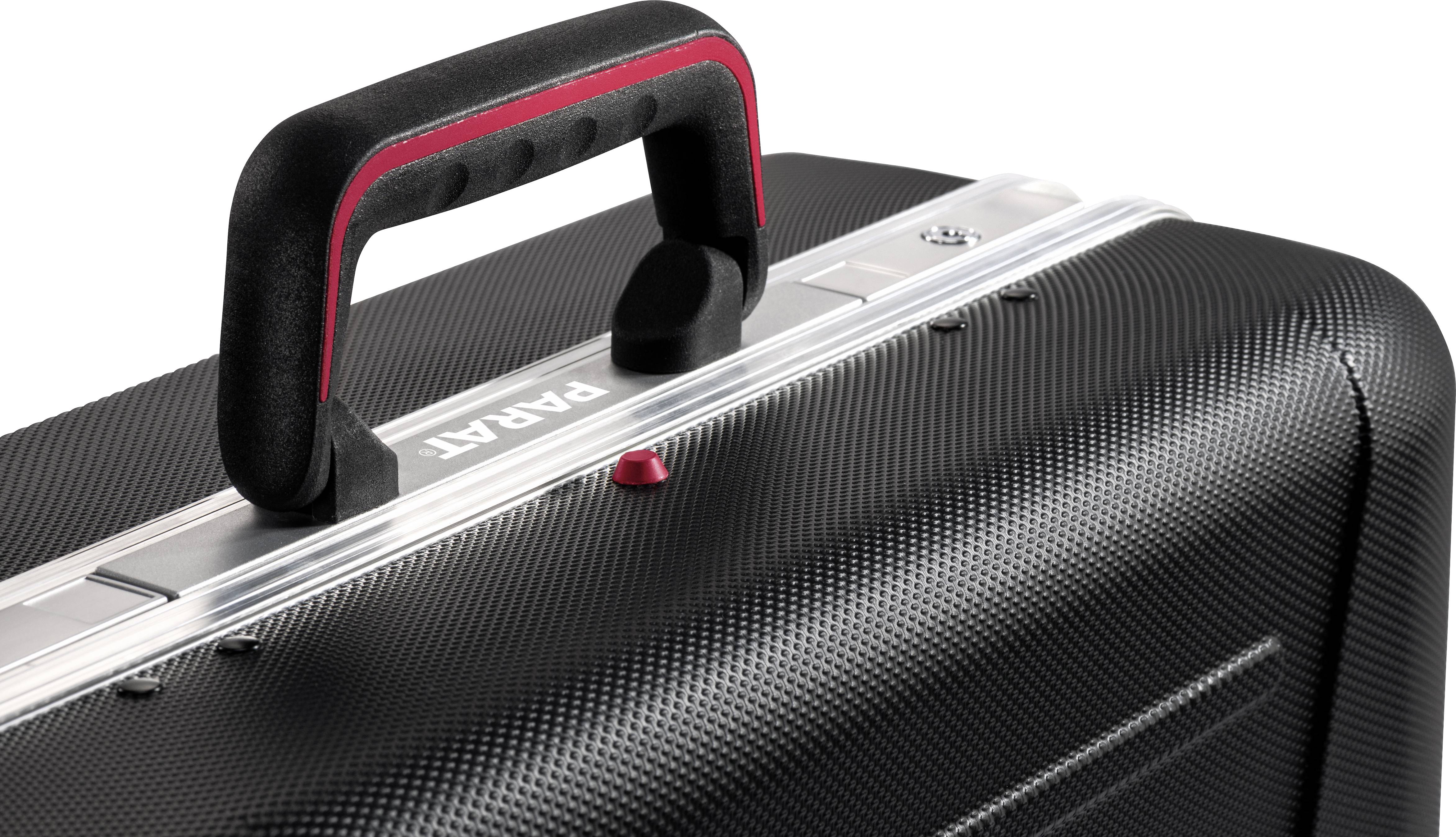 Valise rigide noire avec poignée rouge et fermoir argenté ; nom de marque 'PARAT' visible sur une bande métallique.