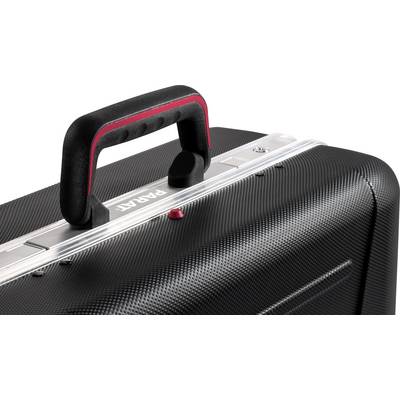 Valise rigide noire avec poignée rouge et fermoir argenté ; nom de marque 'PARAT' visible sur une bande métallique.