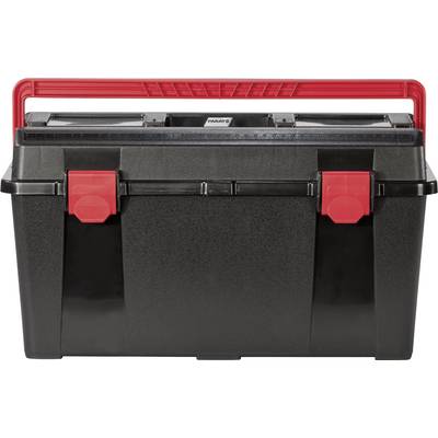 Une boîte à outils noire avec une poignée rouge et des fermetures rouges.