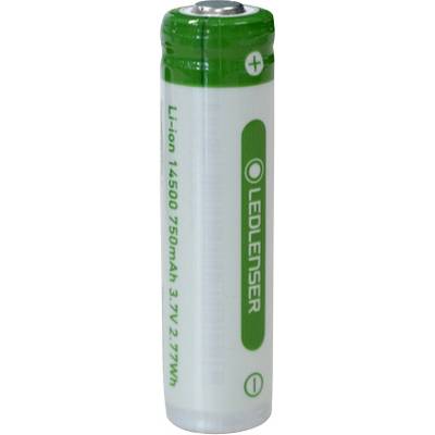 Une batterie verte de type Li-Ion 14500, capacité 750mAh, tension 3,7V avec la marque 'LEDLENSER' imprimée sur le côté.