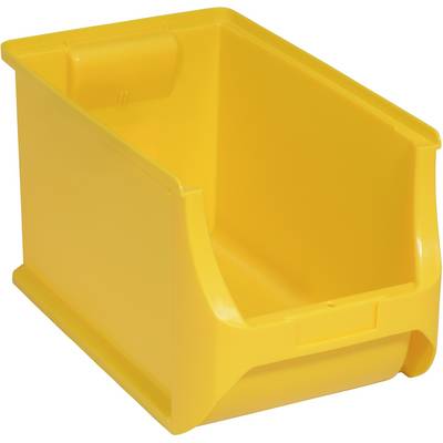Un bac en plastique jaune, vide, avec l'avant ouvert, adapté au rangement ou au tri d'objets sur une étagère.