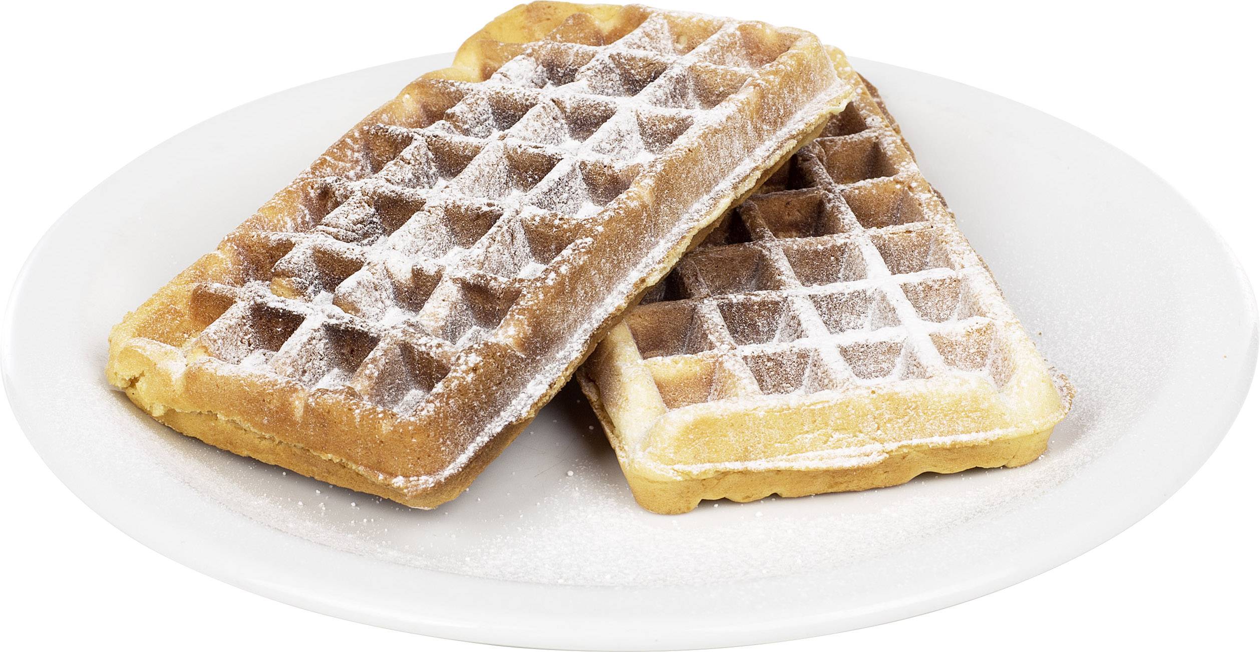 Deux gaufres belges saupoudrées de sucre glace sur une assiette blanche.