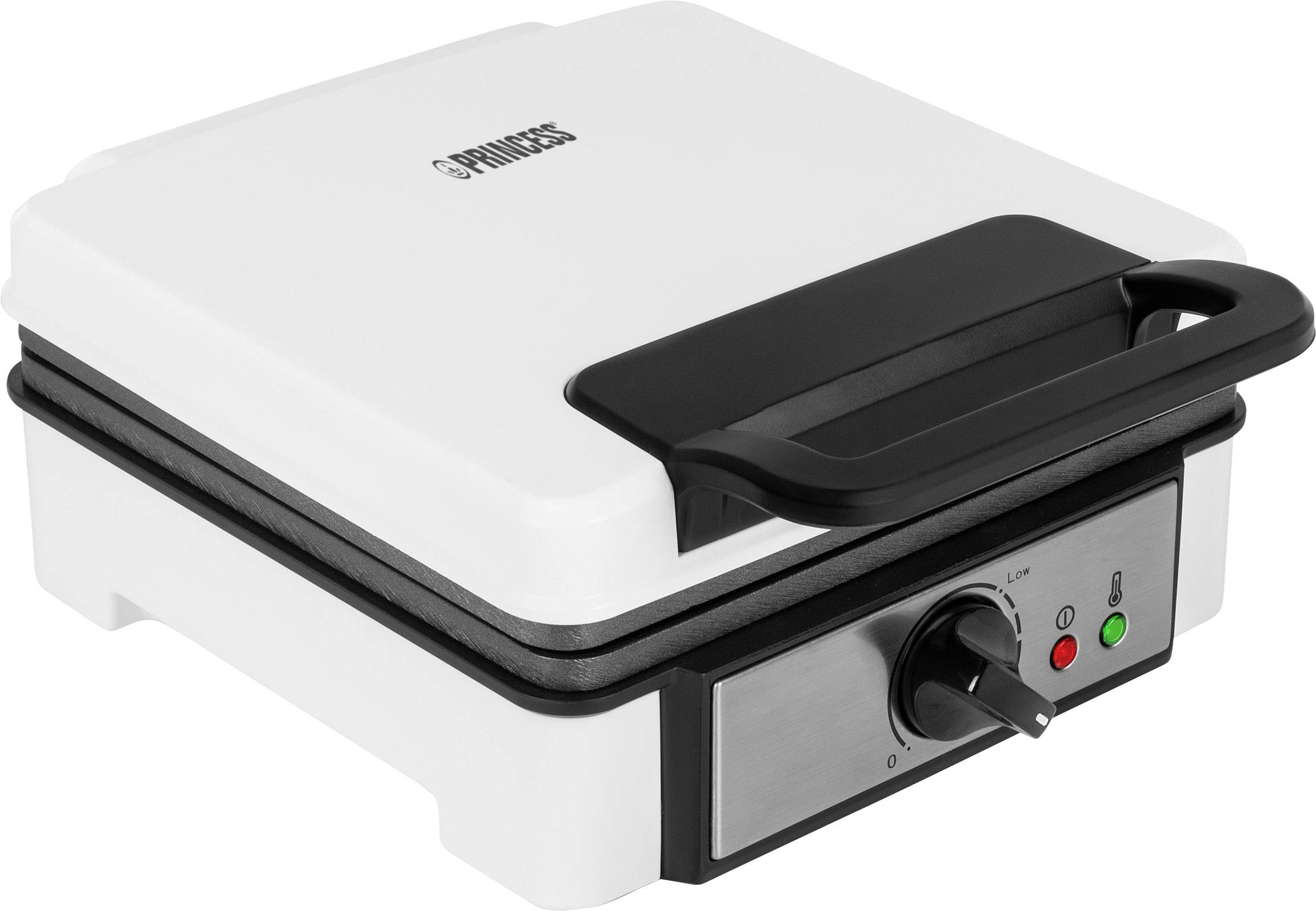 Un sandwich-maker blanc avec une poignée noire et un interrupteur rotatif à l'avant. Deux petites lampes indiquent le statut de fonctionnement. Marque en haut.