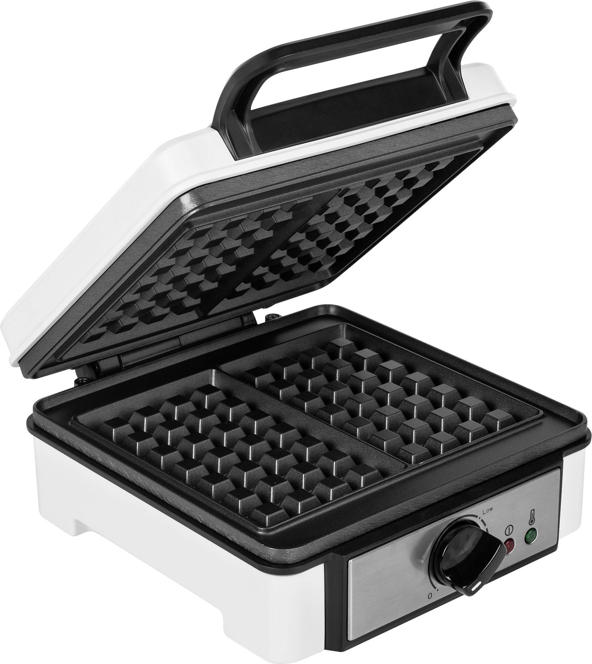 Un gaufrier ouvert, montrant deux plaques de gaufres carrées. Il est équipé d'un régulateur de température à l'avant.