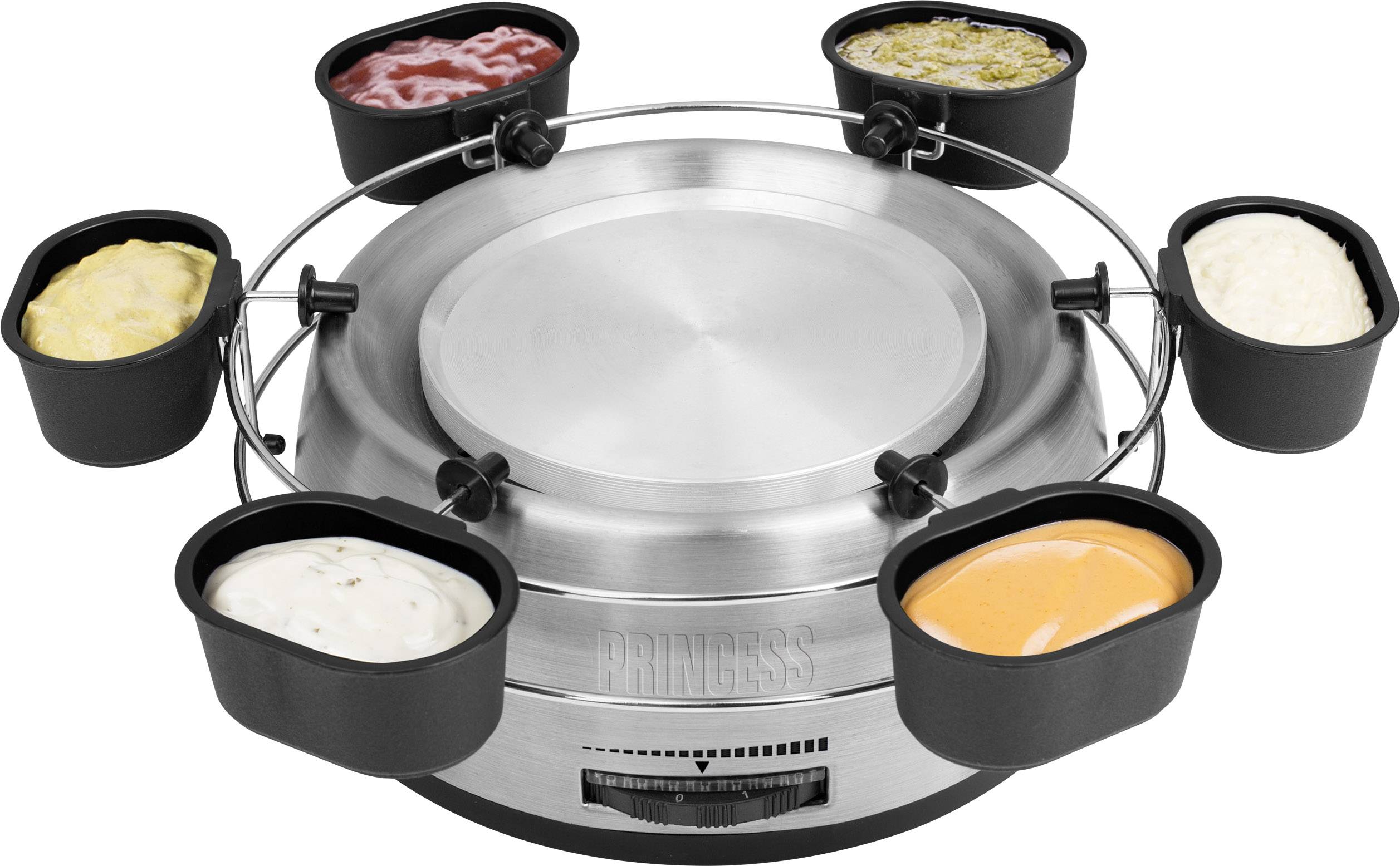 Un récipient rond en acier inoxydable avec six bols noirs pour différentes sauces. Les bols sont disposés de manière uniforme autour du récipient.